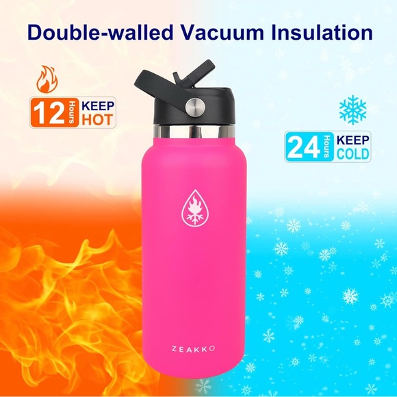 NEW Zeakko Wide Mouth Water Bottle - 32oz Vacuum Insulated Stainless Steel - Picture 3 of 7
